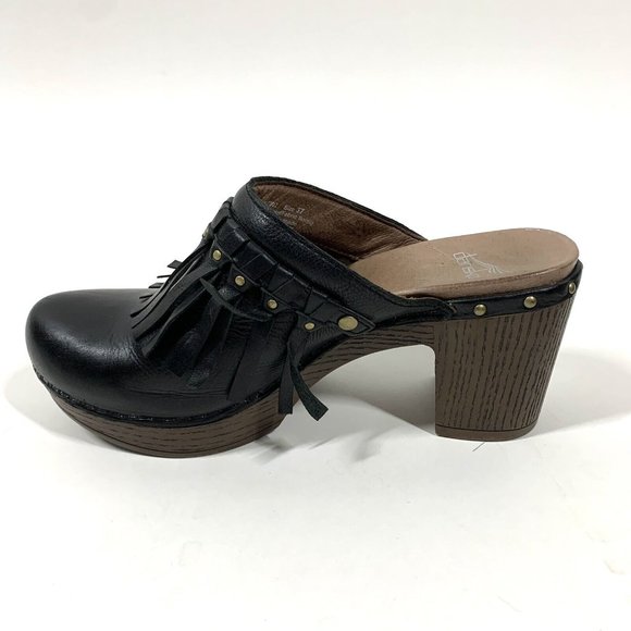 Dansko Deni Black Leather Fringe Heel Clog Mules Sz EU 37 US 6.5-7 - Picture 6 of 10